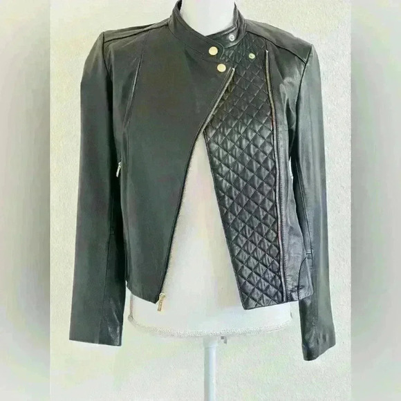Cole Haan Band Collar Women’s Leather Moto Jacket Size Small - Picture 1 of 11